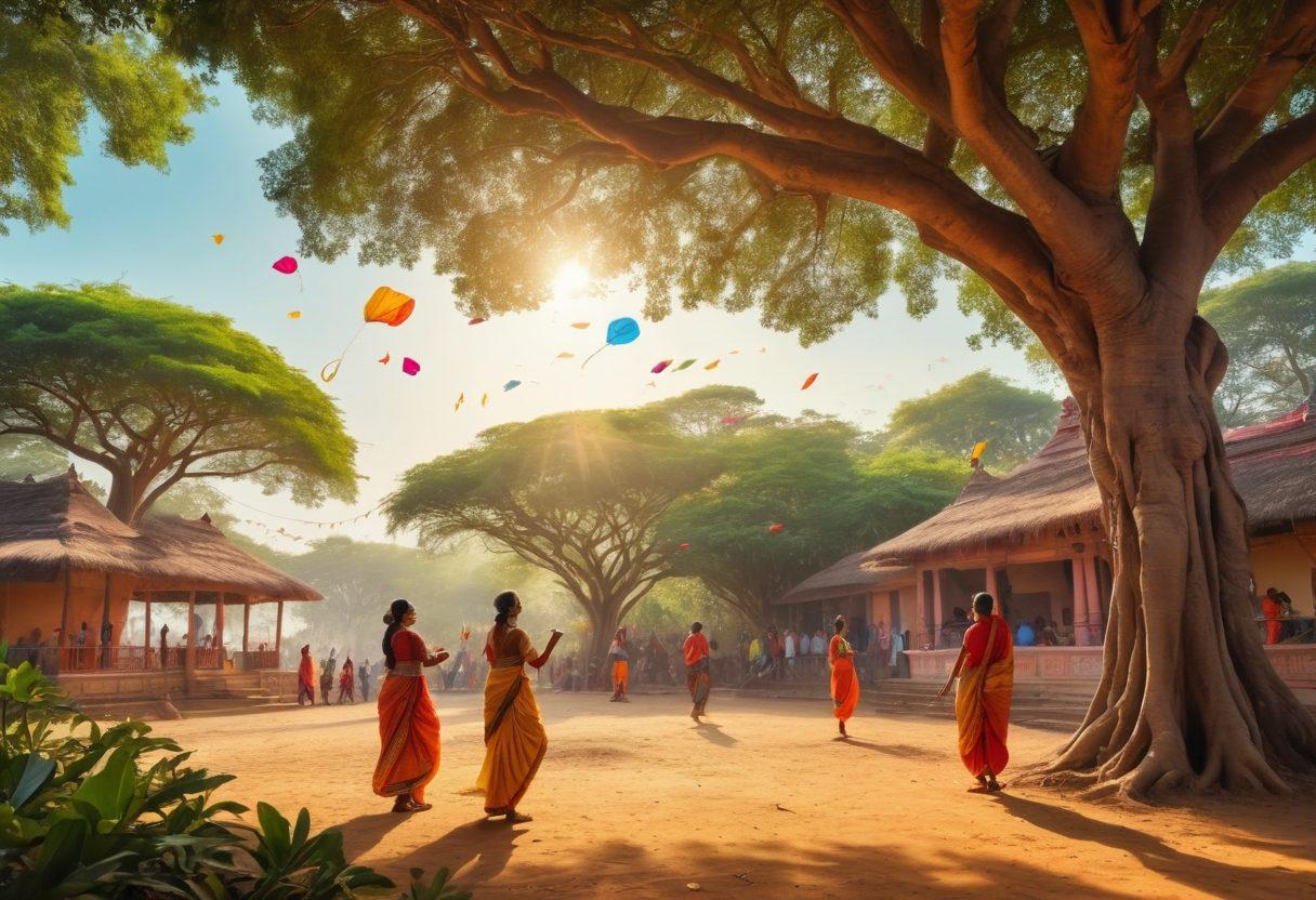 A vibrant illustration capturing a lively Indian village scene, featuring traditional dancers in colorful attire, children playing with kites, and elders sharing stories under a large banyan tree. The backdrop showcases intricate Indian architecture and lush greenery, filled with warm sunlight. A sense of joy and community is palpable, inviting viewers into the rich cultural tapestry of India. vibrant colors. immersive storytelling style.