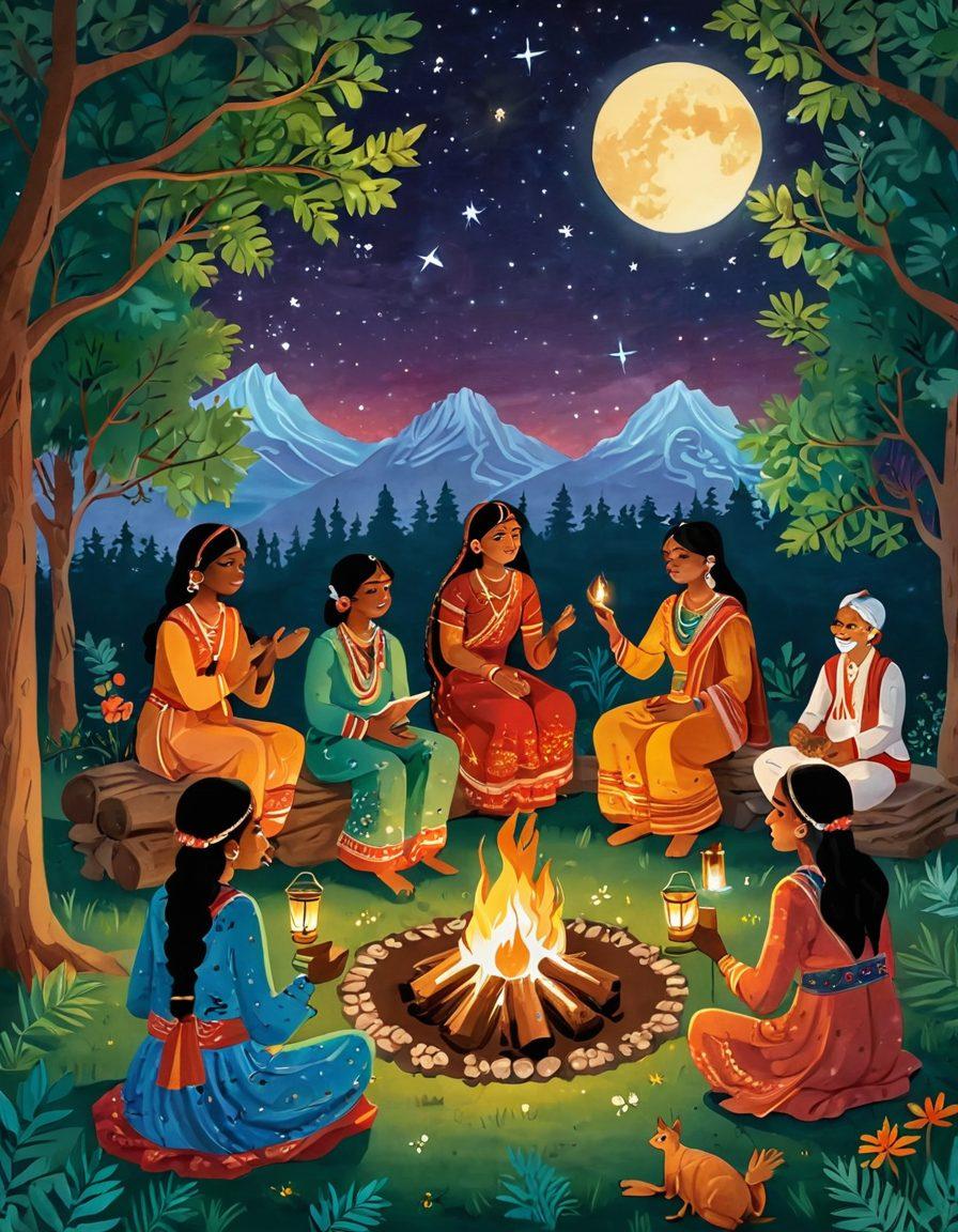 A vibrant and whimsical illustration depicting a group of Indian folk characters sharing stories around a colorful bonfire under a starlit sky. Include elements like traditional costumes, intricate patterns, and playful expressions that reflect joy and humor. Surround the scene with lush greenery and glowing lanterns to create a warm, inviting atmosphere. The characters should be diverse, showcasing the richness of Indian culture. colorful, folk art style, warm tones.
